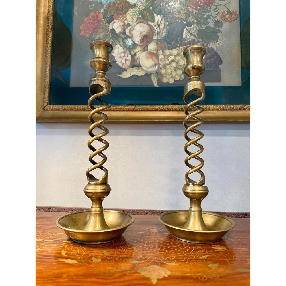 Vintage Solid Brass Barley Twist Candlesticks Pair • 13.75